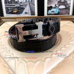 Perfect Replica All Black Croco Leather Belt With Square Pattern Stainless Steel Buckle